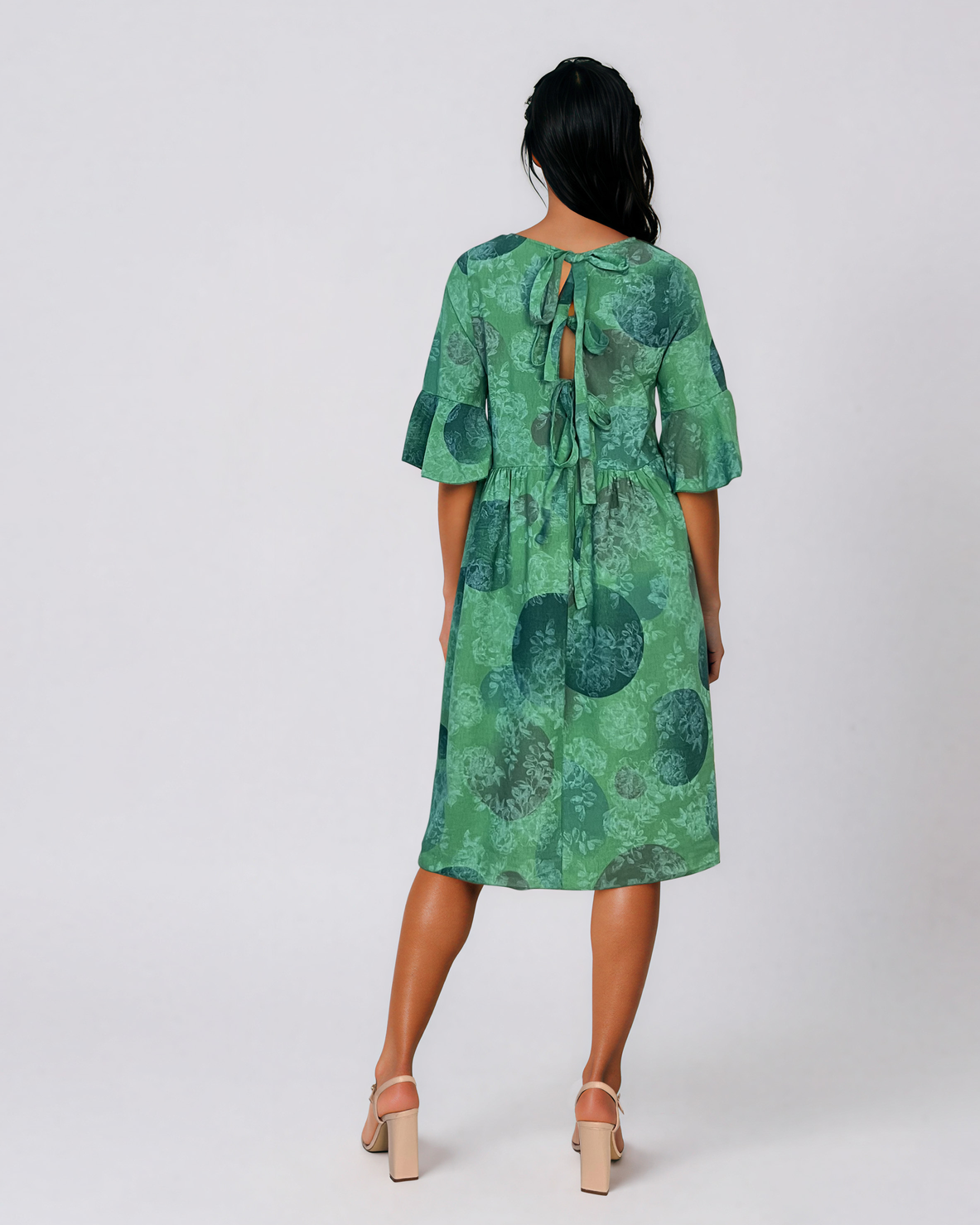 Rochie midi din vâscoză cu imprimeu cu cercuri și funde pe spate verde PR967