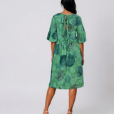 Rochie midi din vâscoză cu imprimeu cu cercuri și funde pe spate verde PR967
