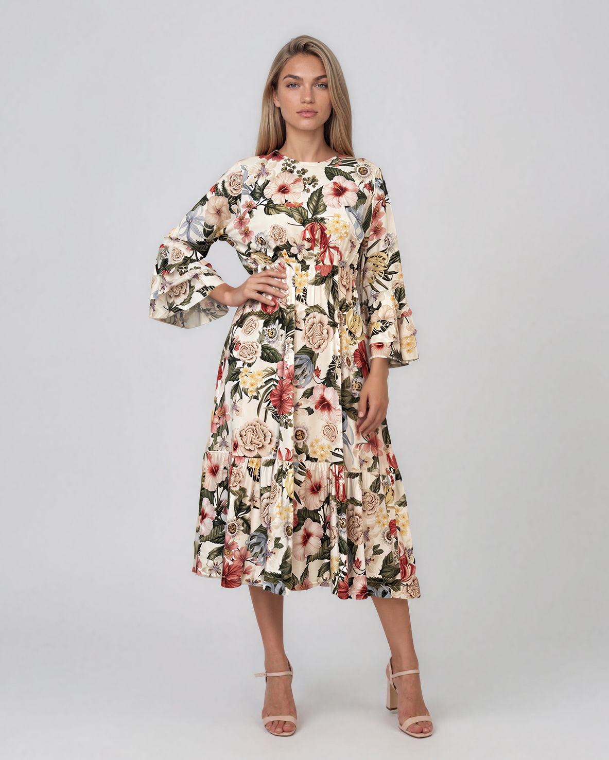 Rochie midi din vâscoză cu imprimeu floral și mâneci cu volan alb HL157