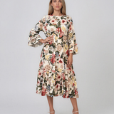 Rochie midi din vâscoză cu imprimeu floral și mâneci cu volan alb HL157