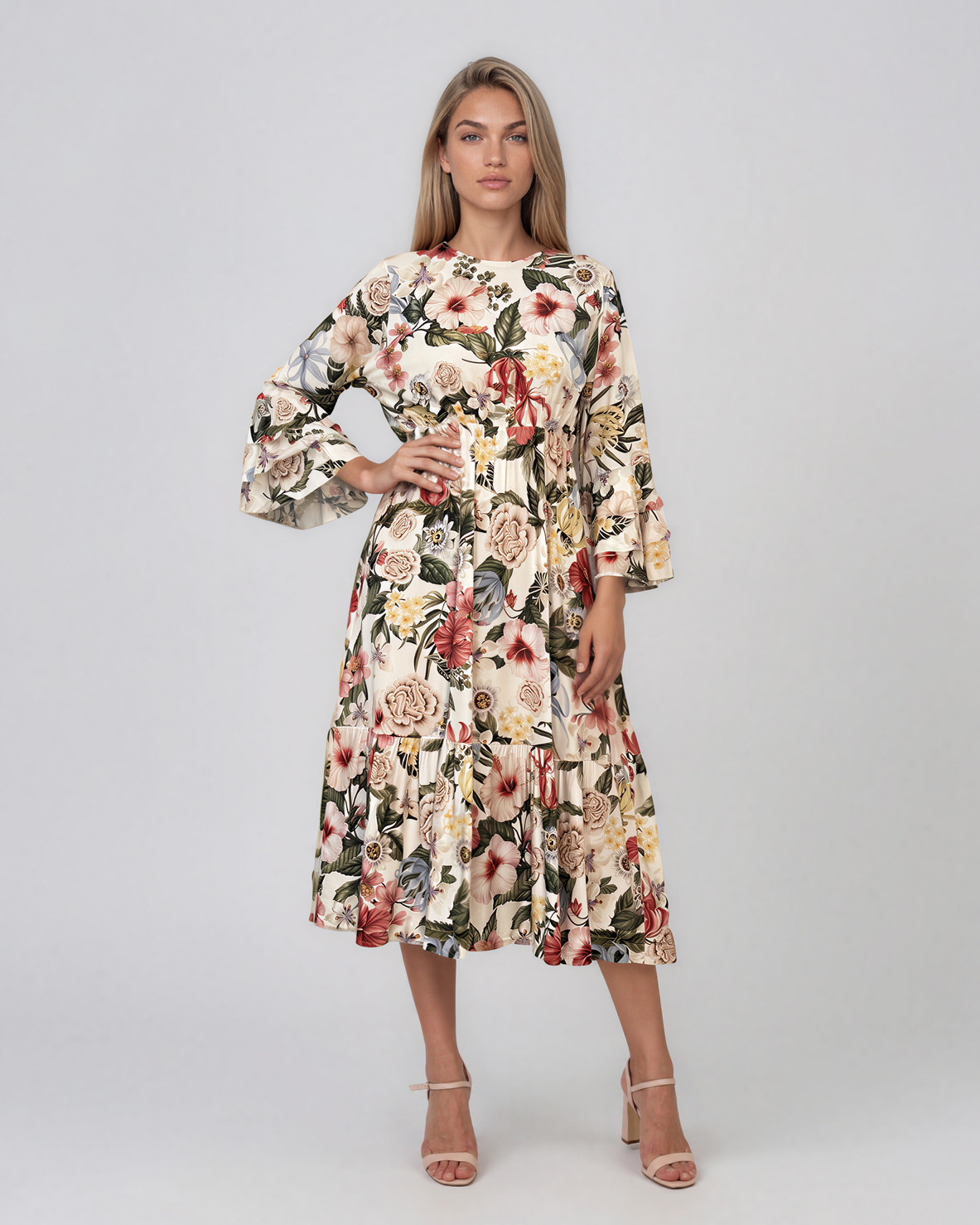 Rochie midi din vâscoză cu imprimeu floral și mâneci cu volan alb HL157