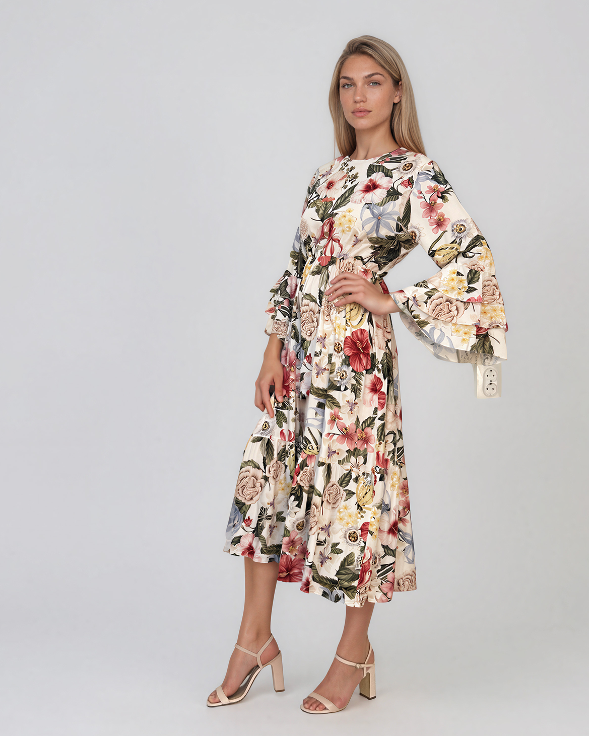 Rochie midi din vâscoză cu imprimeu floral și mâneci cu volan alb HL157