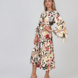 Rochie midi din vâscoză cu imprimeu floral și mâneci cu volan alb HL157