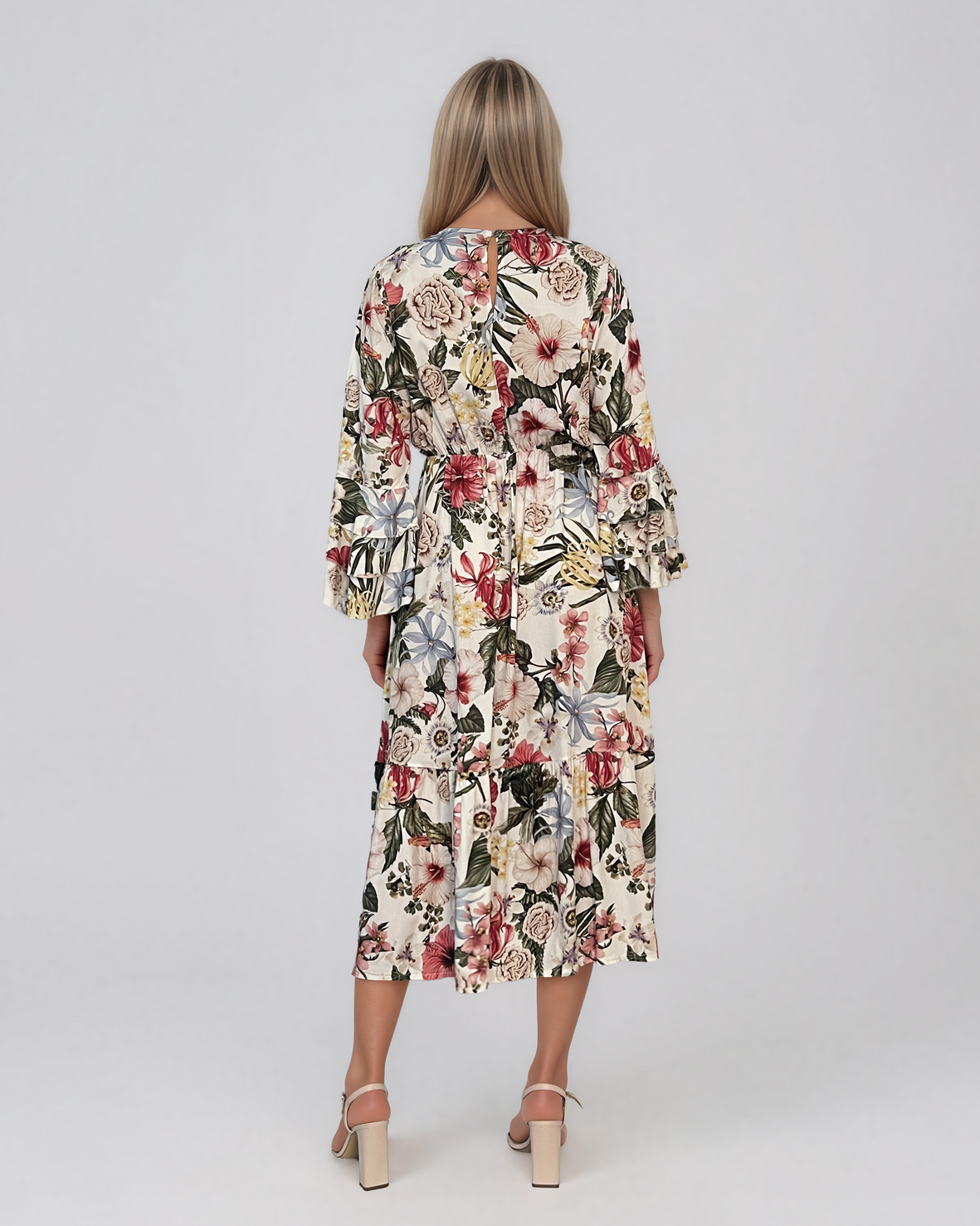 Rochie midi din vâscoză cu imprimeu floral și mâneci cu volan alb HL157