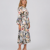 Rochie midi din vâscoză cu imprimeu floral și mâneci cu volan bleu HL157