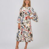 Rochie midi din vâscoză cu imprimeu floral și mâneci cu volan bleu HL157