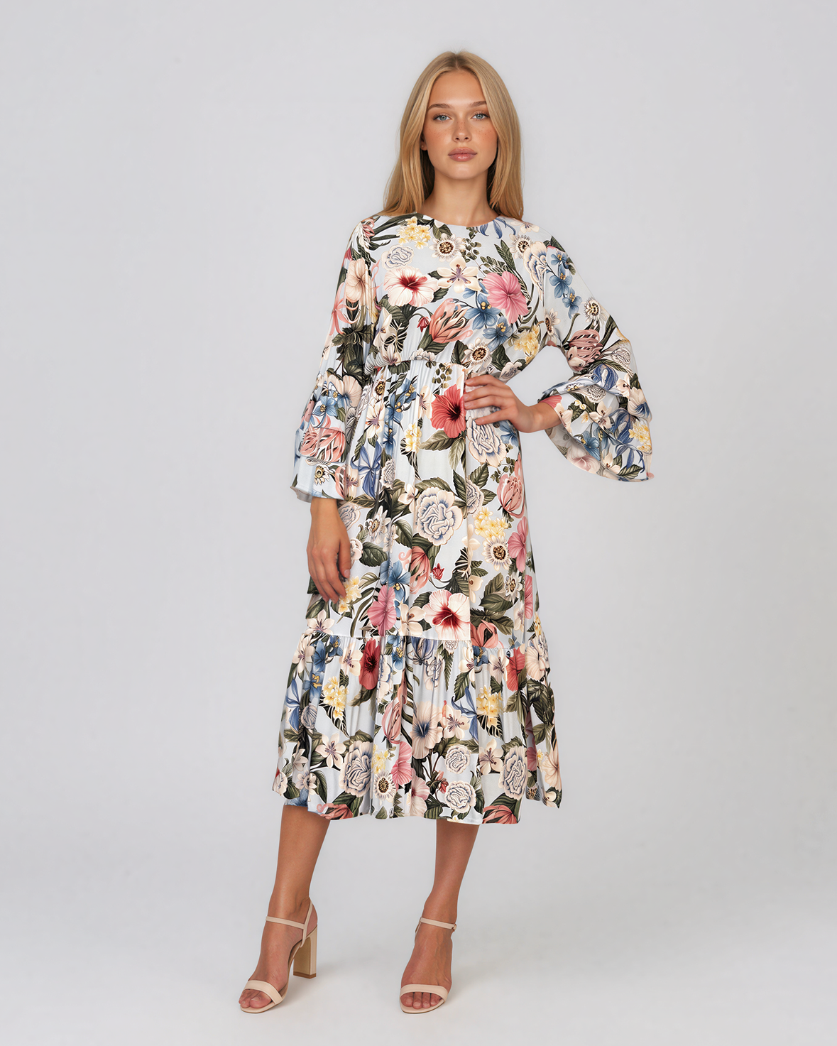 Rochie midi din vâscoză cu imprimeu floral și mâneci cu volan bleu HL157