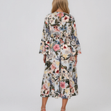 Rochie midi din vâscoză cu imprimeu floral și mâneci cu volan bleu HL157