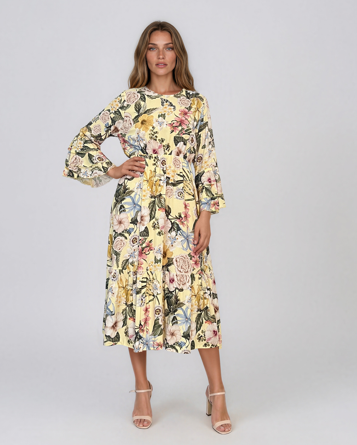 Rochie midi din vâscoză cu imprimeu floral și mâneci cu volan galben HL157