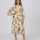 Rochie midi din vâscoză cu imprimeu floral și mâneci cu volan galben HL157