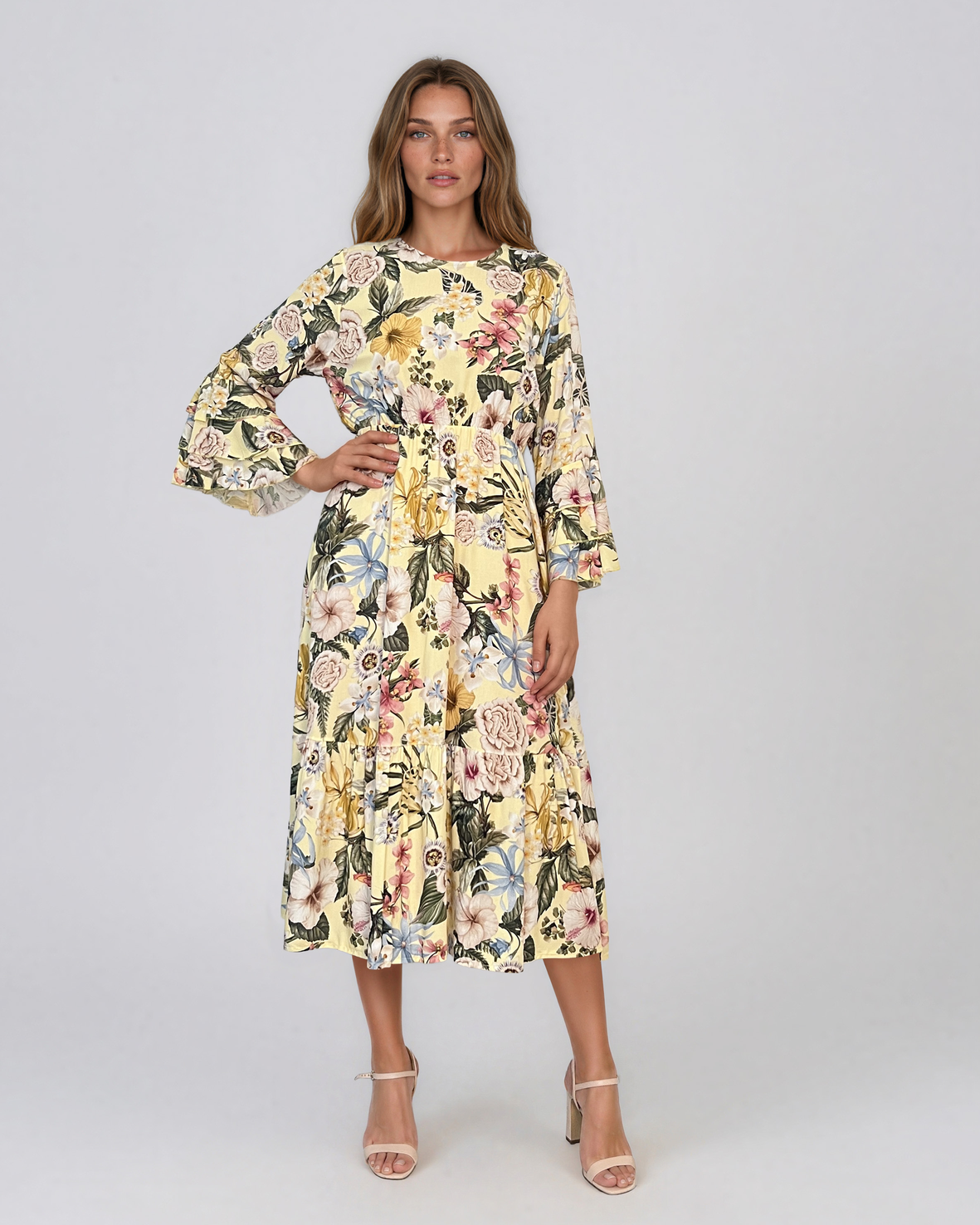 Rochie midi din vâscoză cu imprimeu floral și mâneci cu volan galben HL157