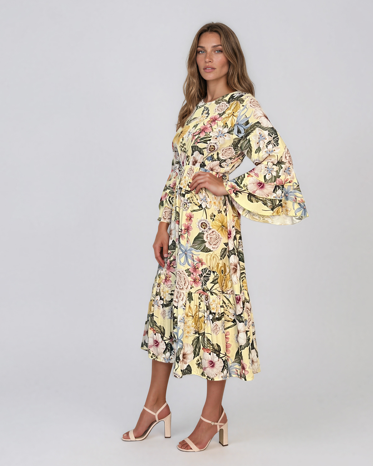 Rochie midi din vâscoză cu imprimeu floral și mâneci cu volan galben HL157
