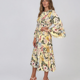 Rochie midi din vâscoză cu imprimeu floral și mâneci cu volan galben HL157