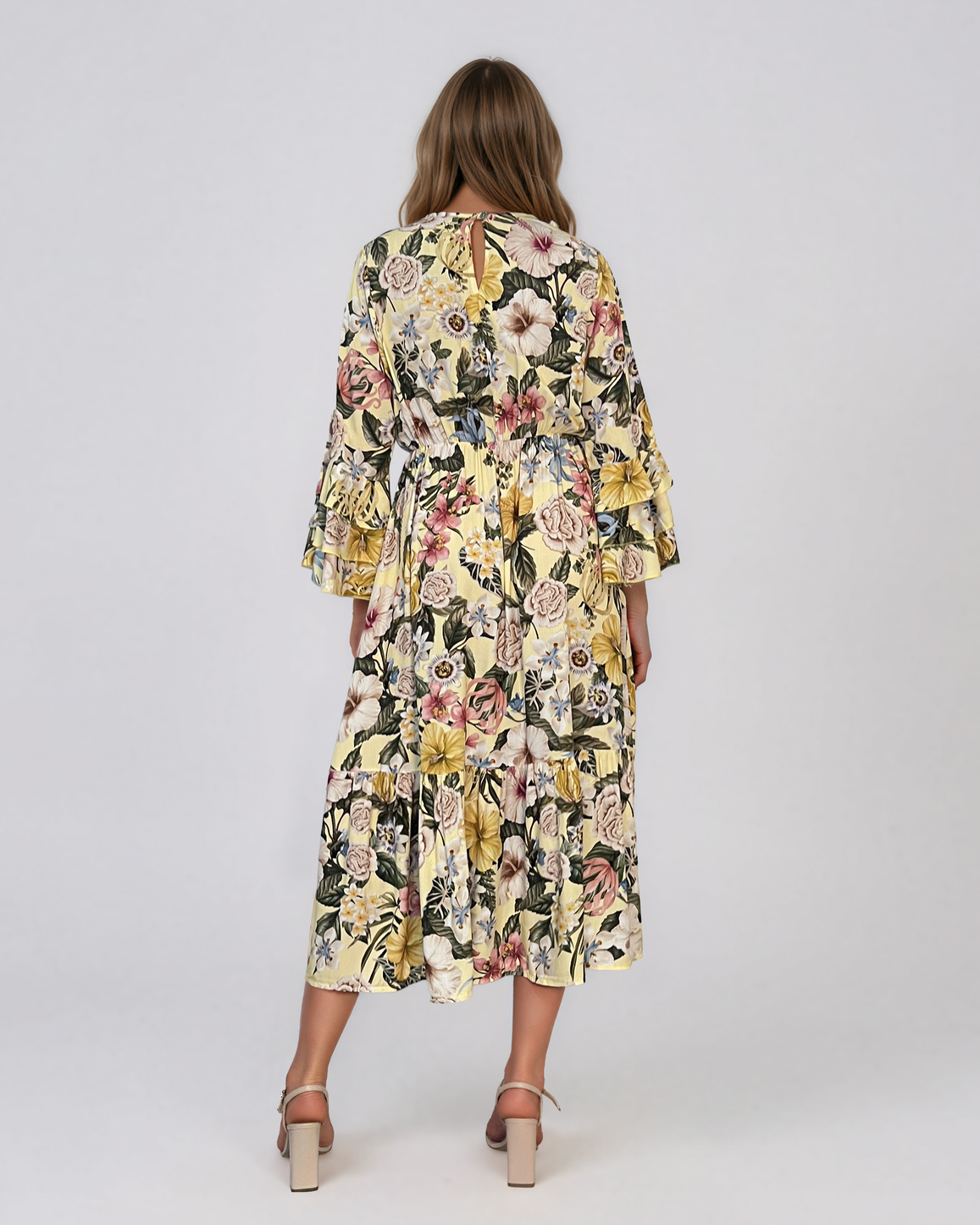 Rochie midi din vâscoză cu imprimeu floral și mâneci cu volan galben HL157