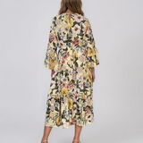 Rochie midi din vâscoză cu imprimeu floral și mâneci cu volan galben HL157
