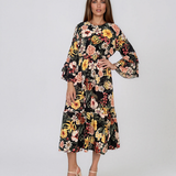 Rochie midi din vâscoză cu imprimeu floral și mâneci cu volan negru HL157