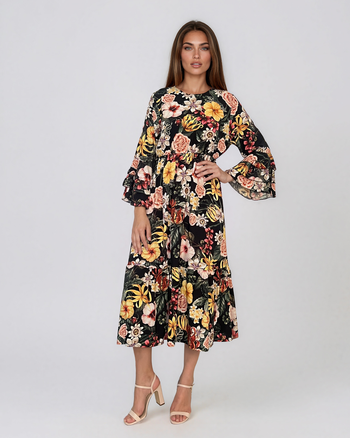 Rochie midi din vâscoză cu imprimeu floral și mâneci cu volan negru HL157