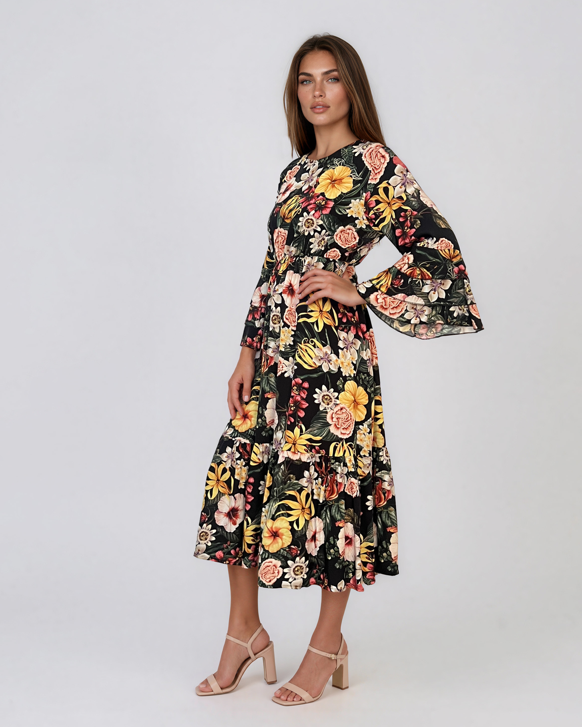 Rochie midi din vâscoză cu imprimeu floral și mâneci cu volan negru HL157
