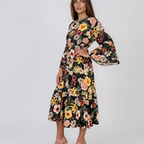Rochie midi din vâscoză cu imprimeu floral și mâneci cu volan negru HL157