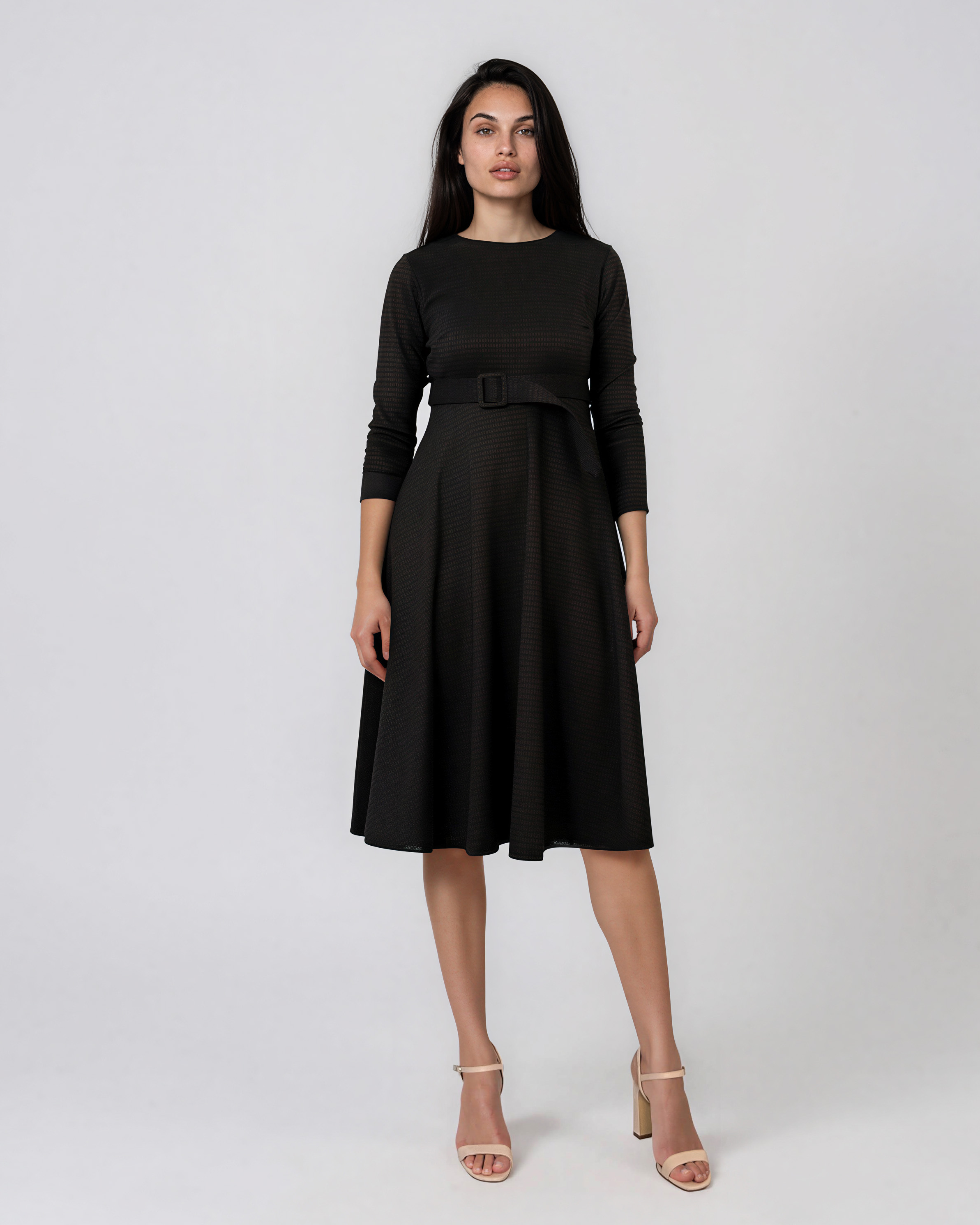 Rochie midi evazată cu mânecă lungă maro LM028