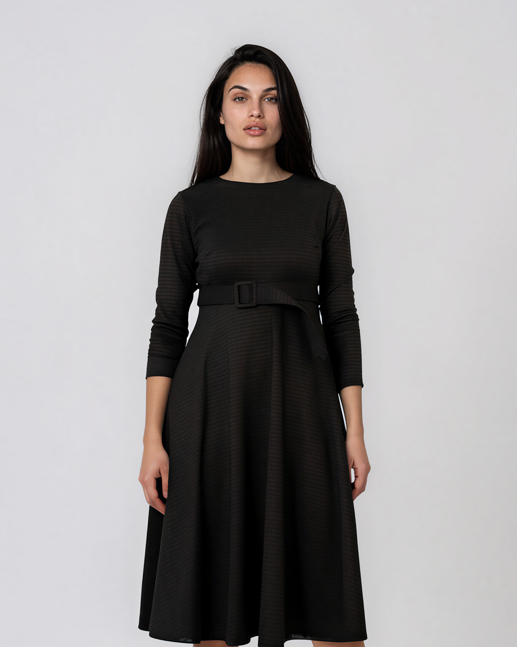Rochie midi evazată cu mânecă lungă maro LM028