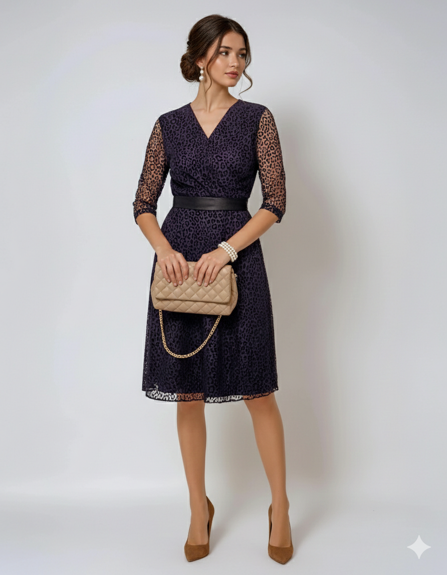 Rochie midi mov cu mâneci 3/4 din dantelă, elegantă pentru evenimente mov 