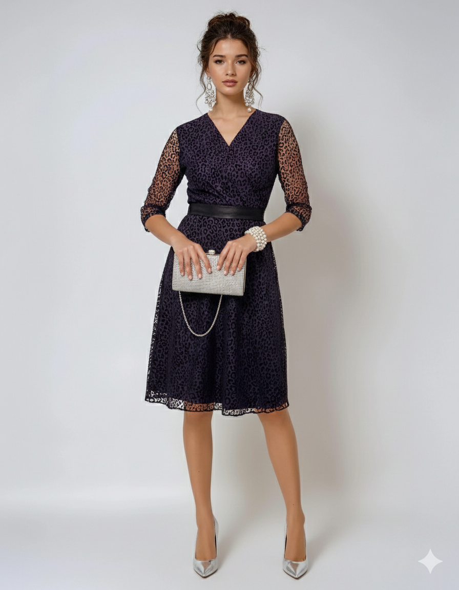 Rochie midi mov cu mâneci 3/4 din dantelă, elegantă pentru evenimente mov 