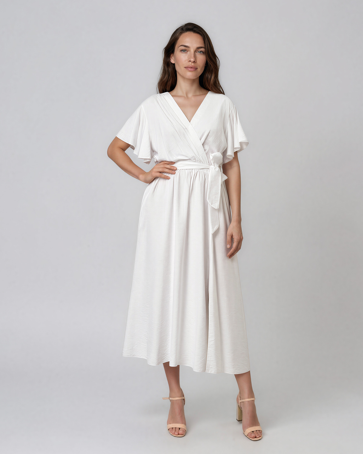 Rochie midi petrecută din vâscoză cu mâneci fluture și cordon alb HL186