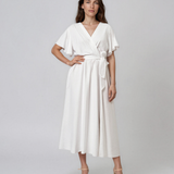 Rochie midi petrecută din vâscoză cu mâneci fluture și cordon alb HL186