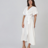 Rochie midi petrecută din vâscoză cu mâneci fluture și cordon alb HL186