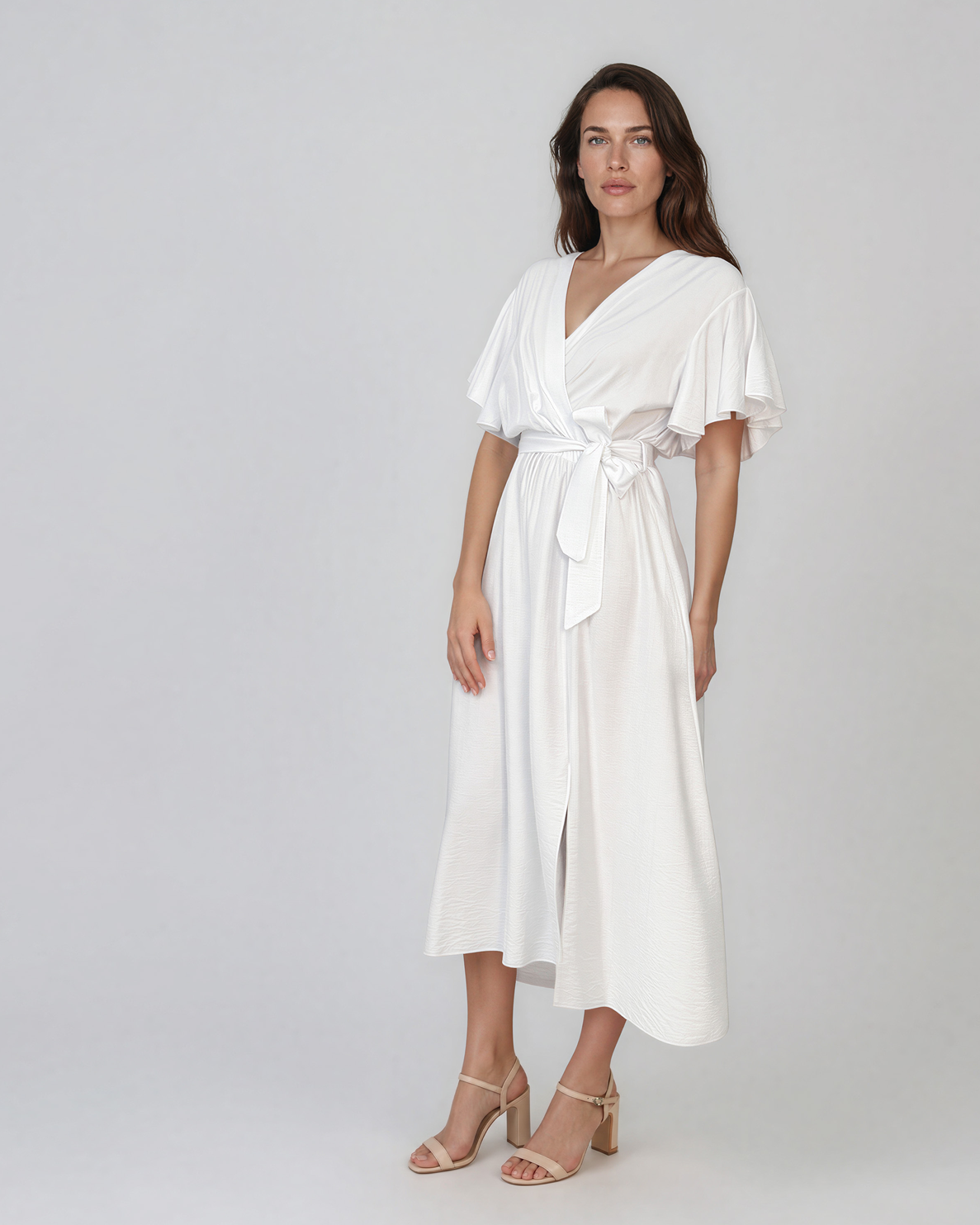 Rochie midi petrecută din vâscoză cu mâneci fluture și cordon alb HL186