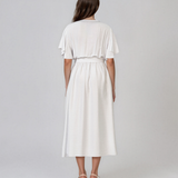 Rochie midi petrecută din vâscoză cu mâneci fluture și cordon alb HL186