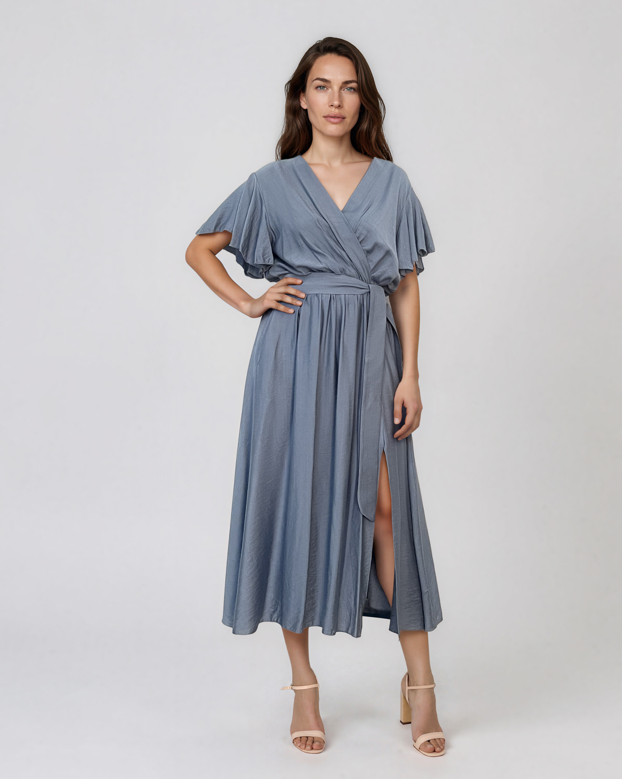 Rochie midi petrecută din vâscoză cu mâneci fluture și cordon albastru jeans HL186