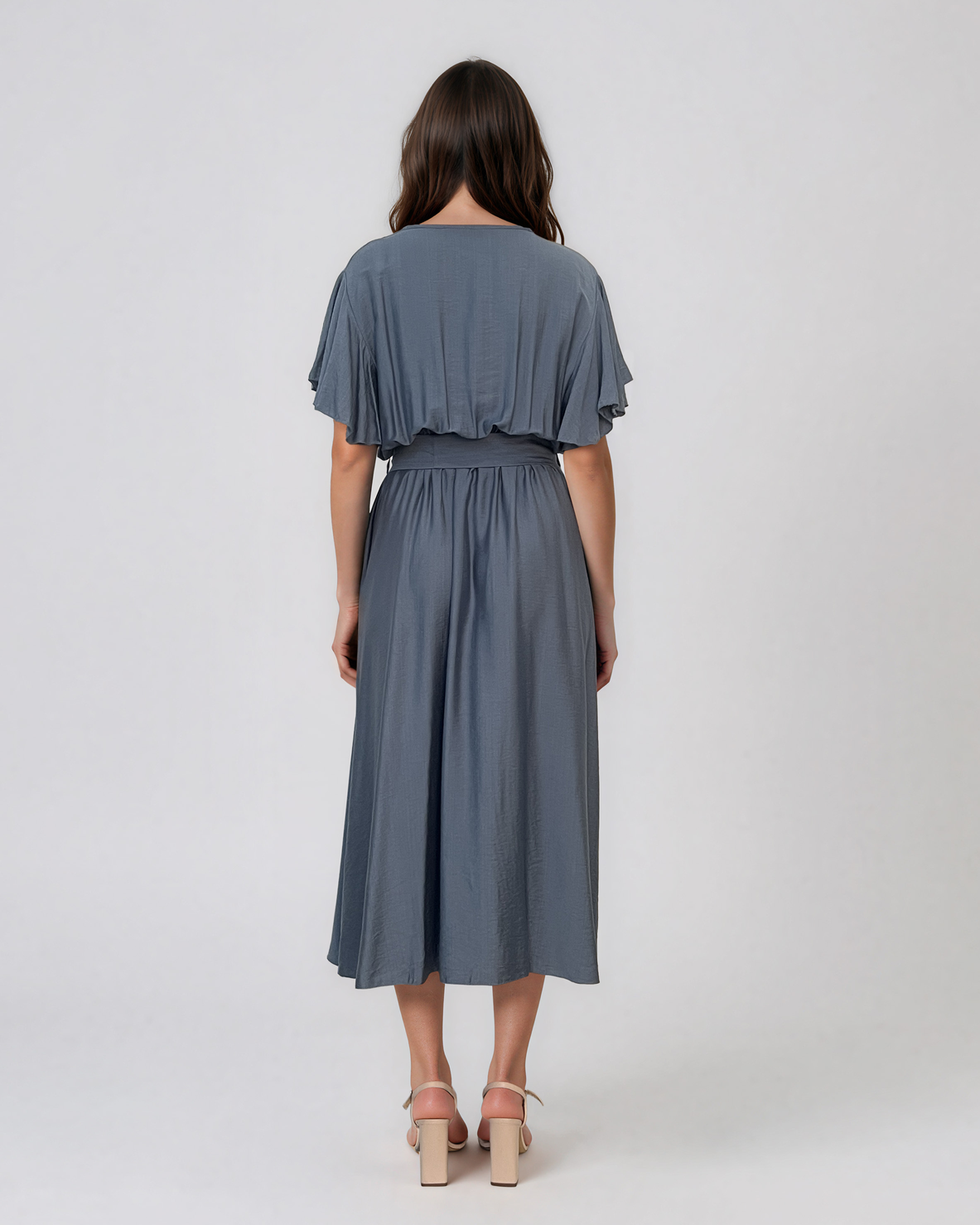 Rochie midi petrecută din vâscoză cu mâneci fluture și cordon albastru jeans HL186