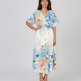 Rochie midi plisată din material fin cu imprimeu floral acuarelat bleu HL192