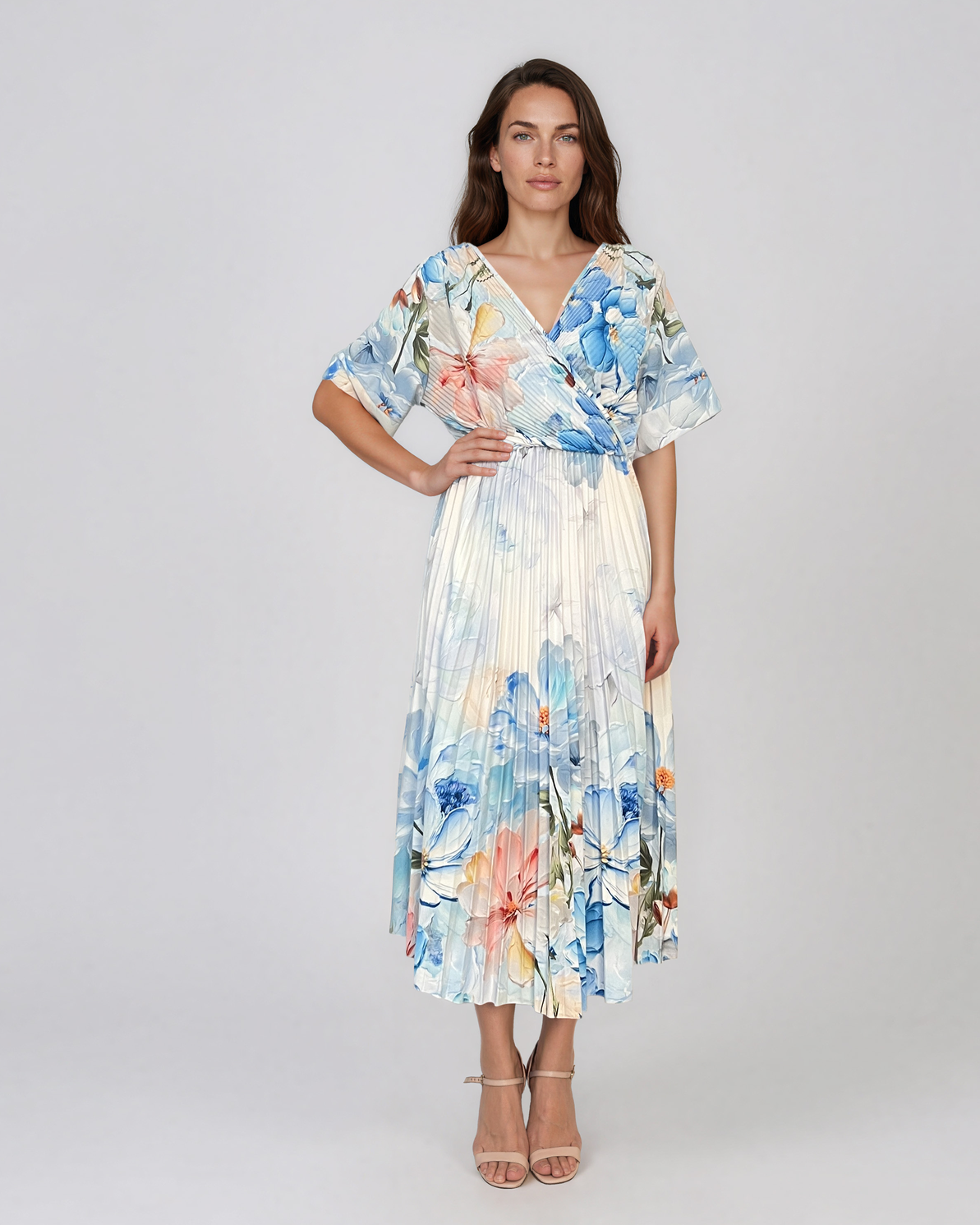 Rochie midi plisată din material fin cu imprimeu floral acuarelat bleu HL192