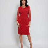 Rochie midi roșie cu mâneci din tulle decorate cu perle și strasuri rosu 