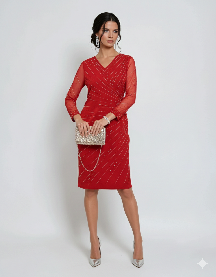 Rochie midi roșie cu mâneci din tulle decorate cu perle și strasuri rosu 
