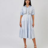 Rochie midi tip cămașă din bumbac cu broderie spartă pe bust și talie bleu PR971