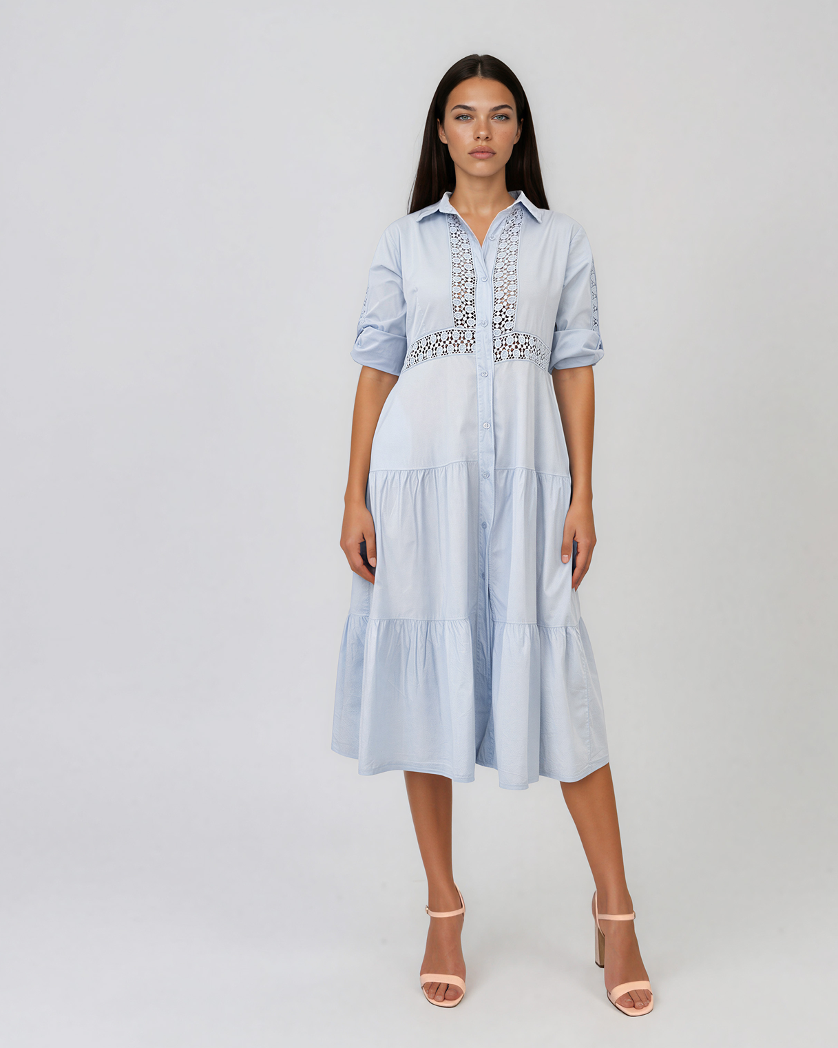 Rochie midi tip cămașă din bumbac cu broderie spartă pe bust și talie bleu PR971