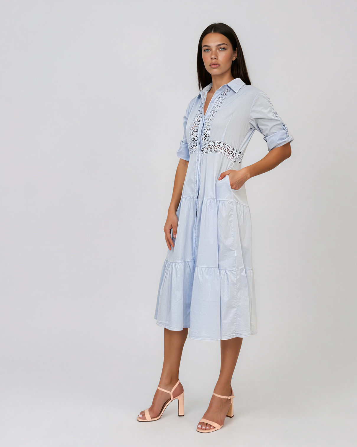 Rochie midi tip cămașă din bumbac cu broderie spartă pe bust și talie bleu PR971