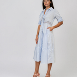 Rochie midi tip cămașă din bumbac cu broderie spartă pe bust și talie bleu PR971