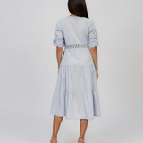 Rochie midi tip cămașă din bumbac cu broderie spartă pe bust și talie bleu PR971