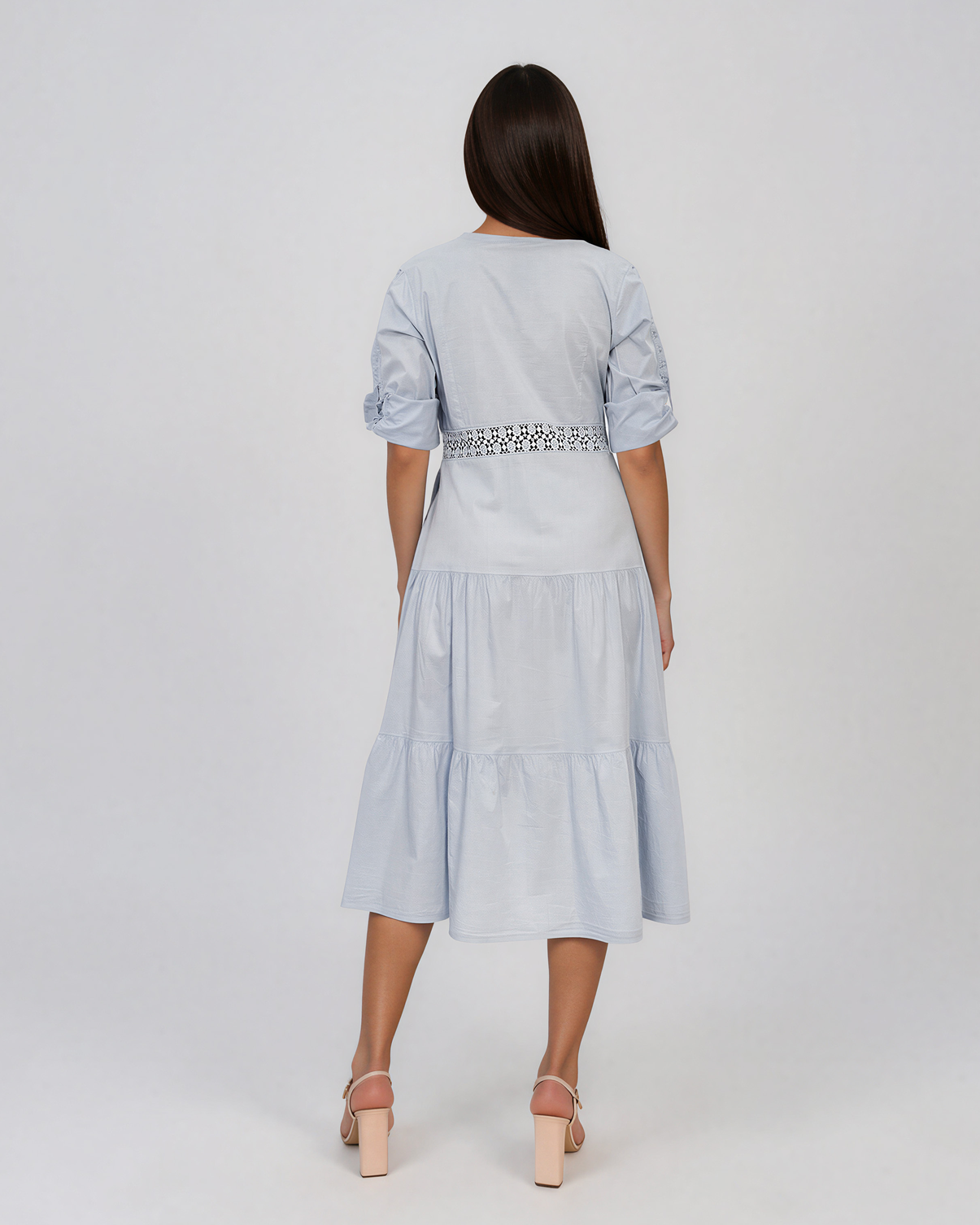 Rochie midi tip cămașă din bumbac cu broderie spartă pe bust și talie bleu PR971
