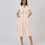 Rochie midi tip cămașă din bumbac cu broderie spartă pe bust și talie crem PR971