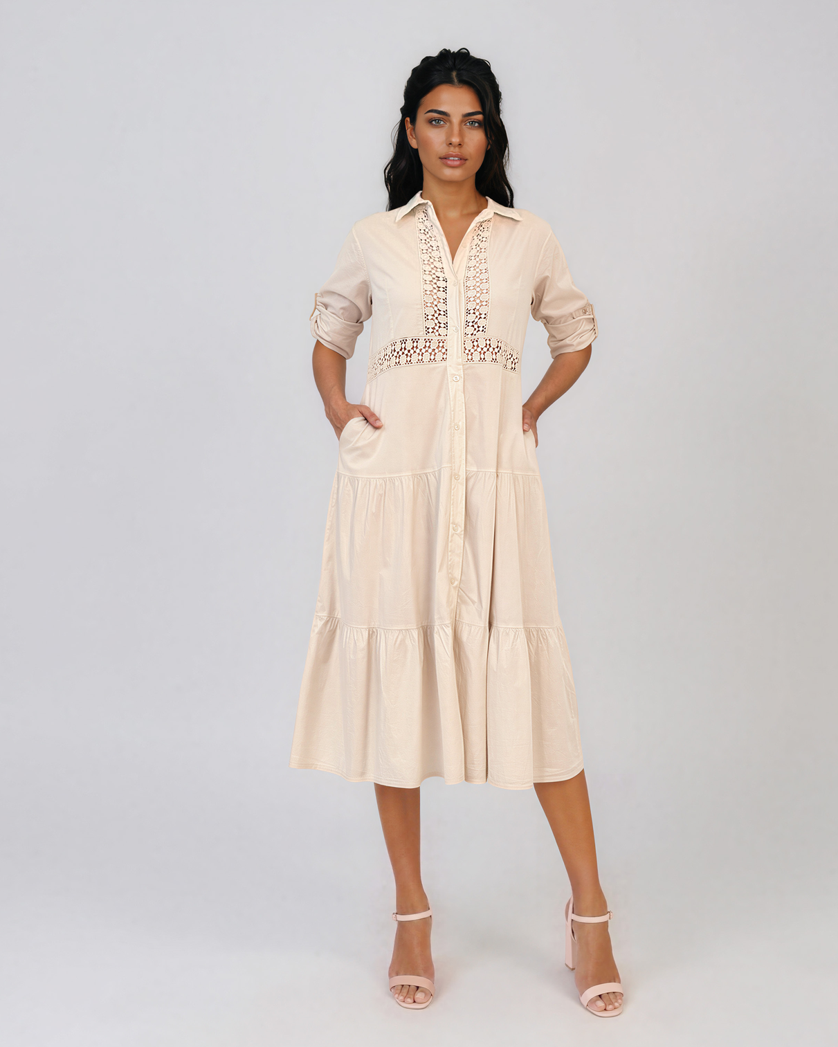 Rochie midi tip cămașă din bumbac cu broderie spartă pe bust și talie crem PR971