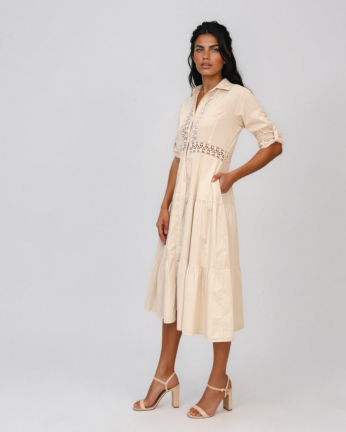 Rochie midi tip cămașă din bumbac cu broderie spartă pe bust și talie crem PR971
