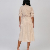 Rochie midi tip cămașă din bumbac cu broderie spartă pe bust și talie crem PR971