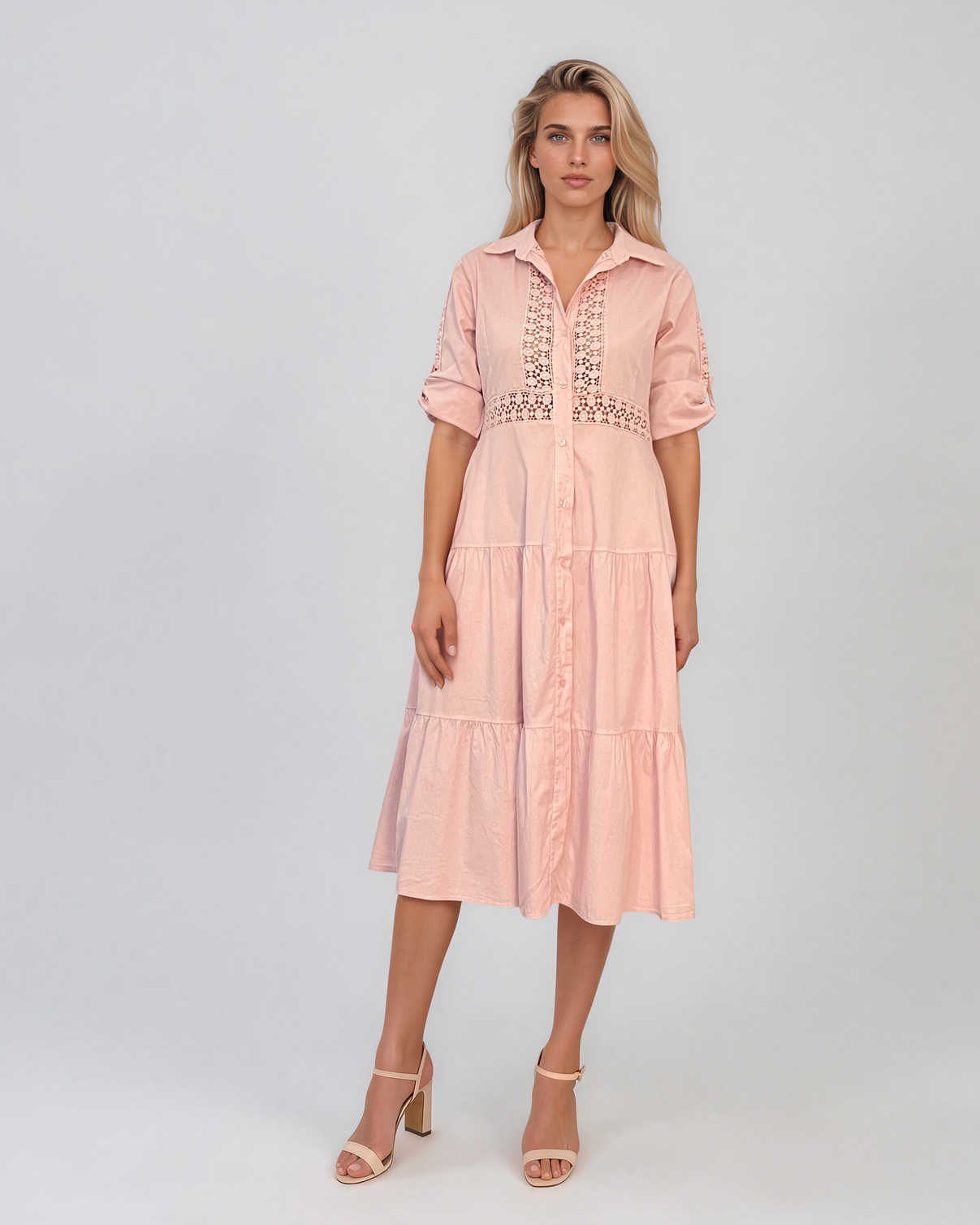 Rochie midi tip cămașă din bumbac cu broderie spartă pe bust și talie roz PR971