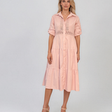 Rochie midi tip cămașă din bumbac cu broderie spartă pe bust și talie roz PR971